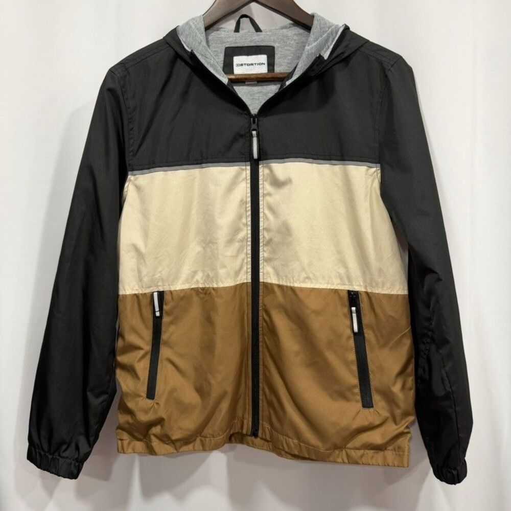 Distortion Boys L (14/16) Black Tan Brown Hooded Jacket Reflector Stripe 657